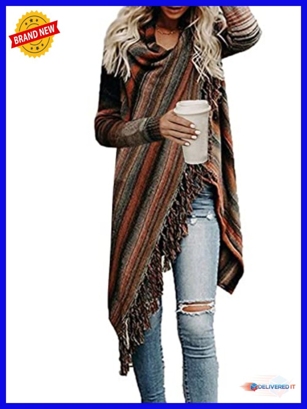 Open Front Knitted Tassel Slash Loose Cardigan Crew Neck Speckled Fringe Sweater